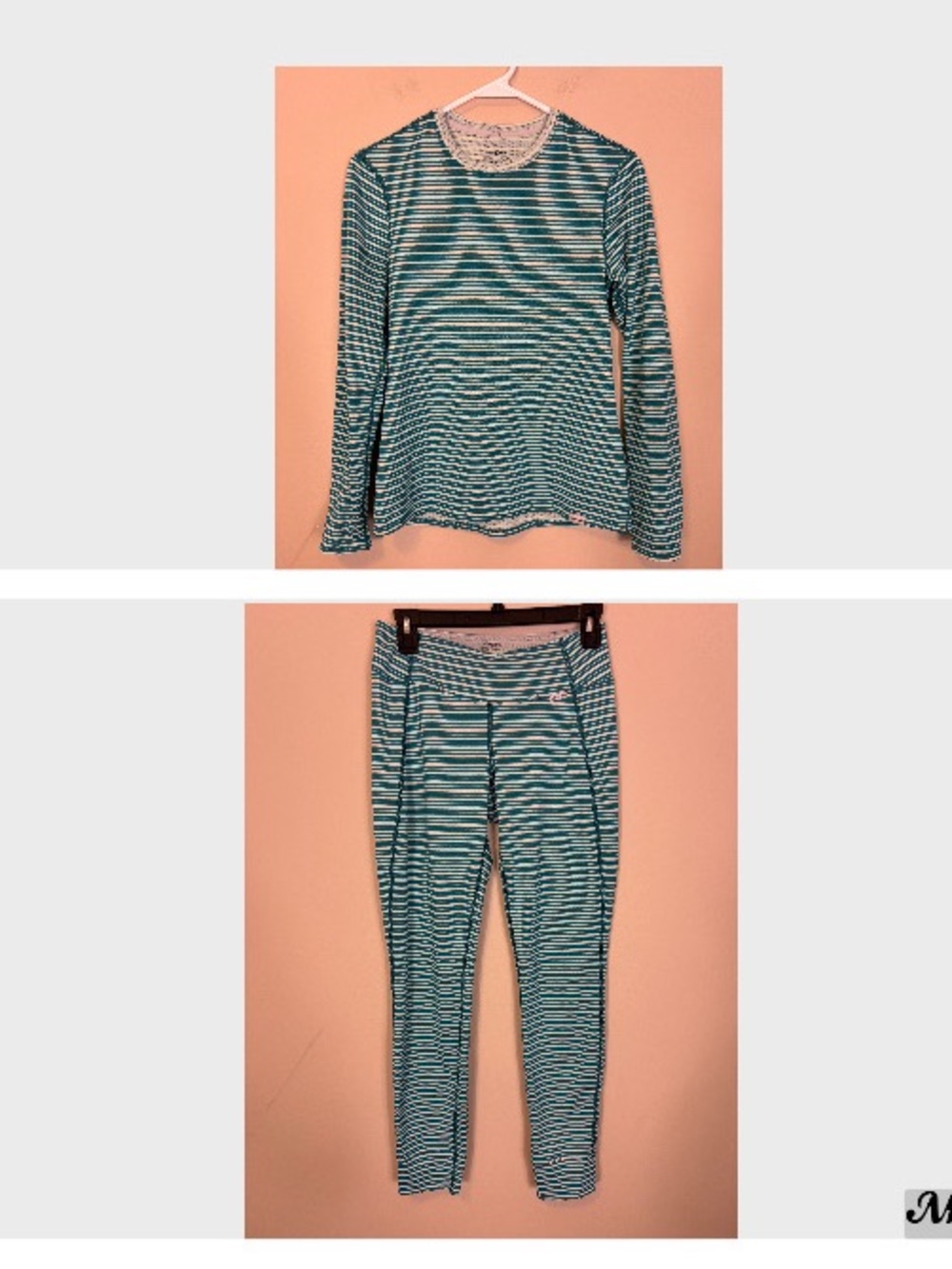 Patagonia Women's Green & Light Green Striped Long Sleeve & Pants Base Layer Set